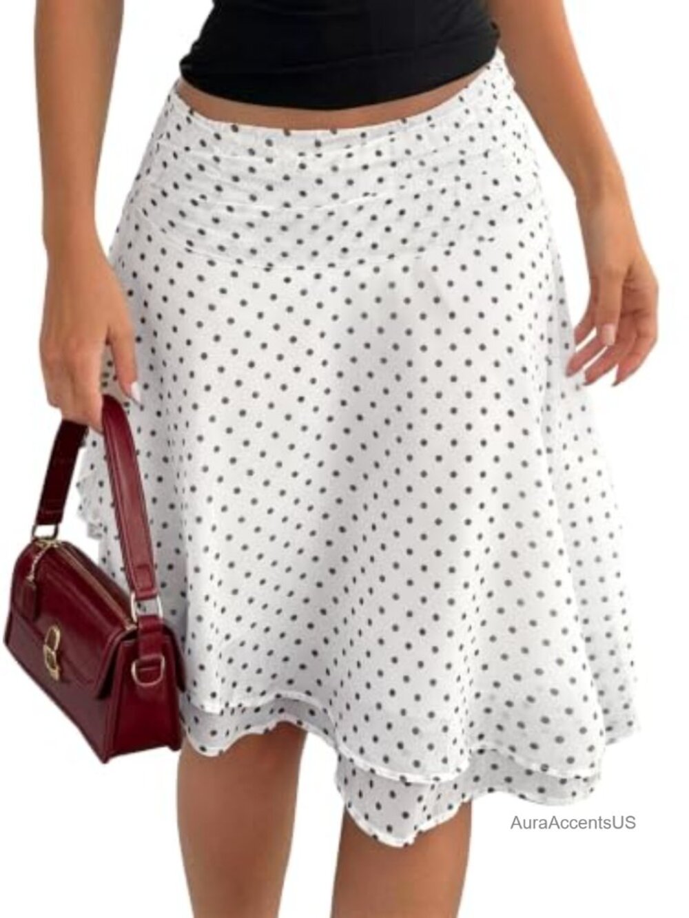 Flowy Polka Dot Mesh Midi Skirt Asymmetrical Ruffle Waist
